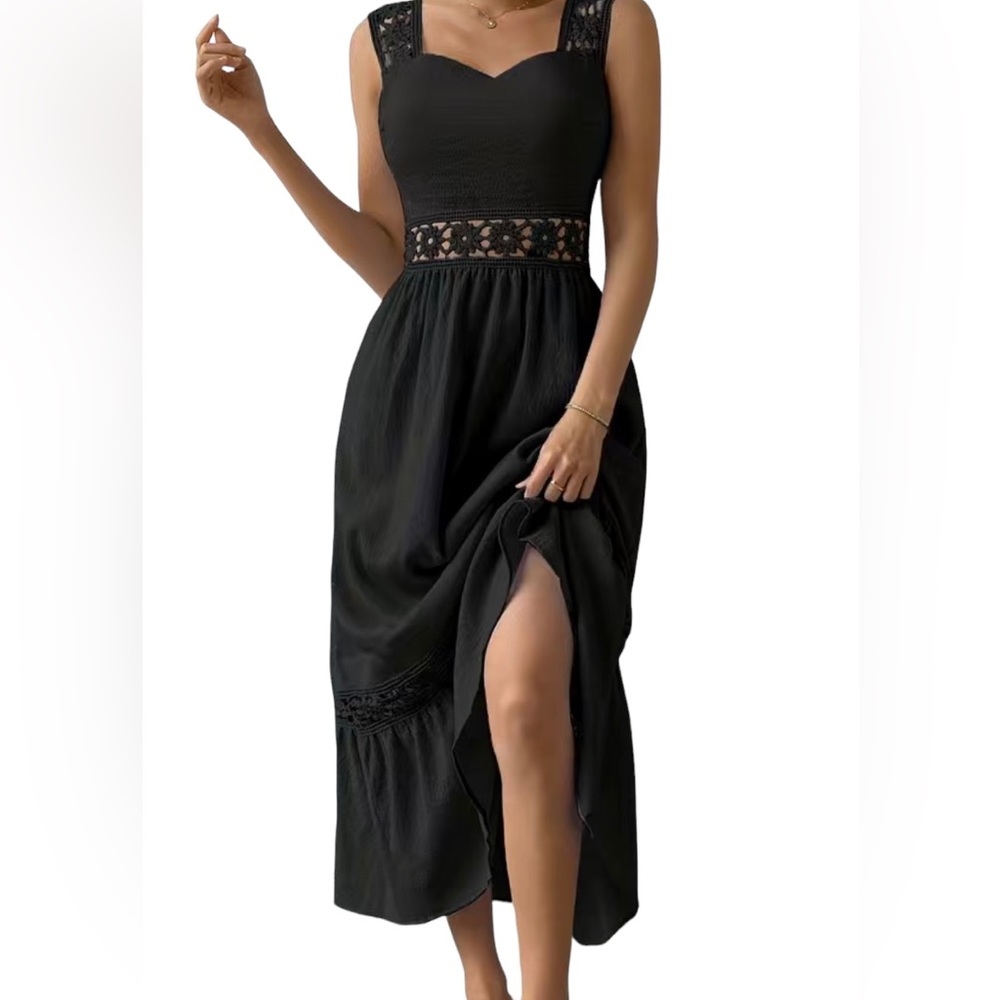 Women’s Guipures Lace Sleeve Insert Ruffle Hem Cami Long Summer/Spring Dress